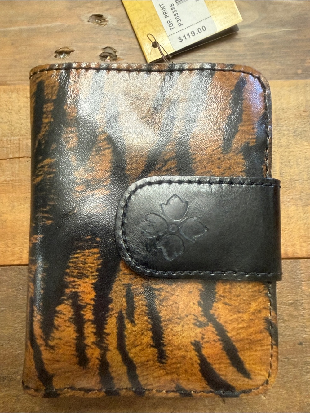 Patricia Nash Leather Tiger-Print Wallet with Black Snap Closure